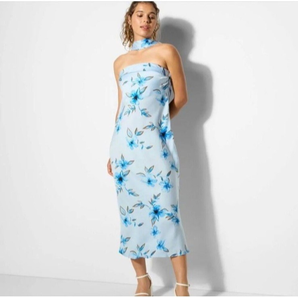 NWT Wild Fable Satin Tube Strapless Maxi Dress w/ Scarf Blue Floral - Size Small